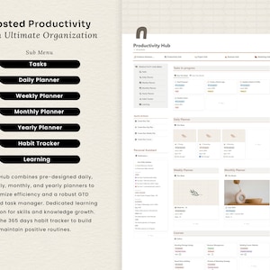 May include: A screenshot of a website called "Productivity Hub" with a light brown background. The website features a menu with options for tasks, daily planner, weekly planner, monthly planner, yearly planner, habit tracker, and learning. The website also includes a section for "Quick Actions", "Personal Assistant", and "Courses".
