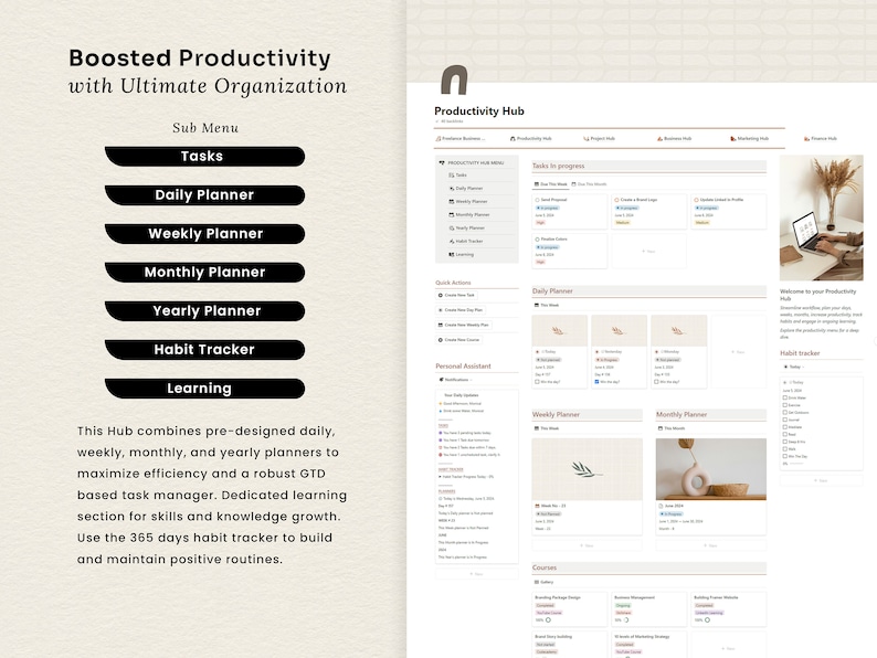 May include: A screenshot of a website called "Productivity Hub" with a light brown background. The website features a menu with options for tasks, daily planner, weekly planner, monthly planner, yearly planner, habit tracker, and learning. The website also includes a section for "Quick Actions", "Personal Assistant", and "Courses".