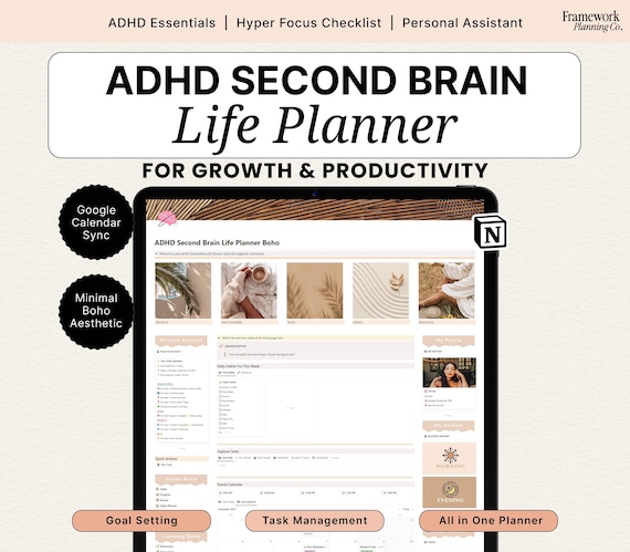 Notion ADHD Planner | Second Brain Life Dashboard | Executive Function & Task Management System