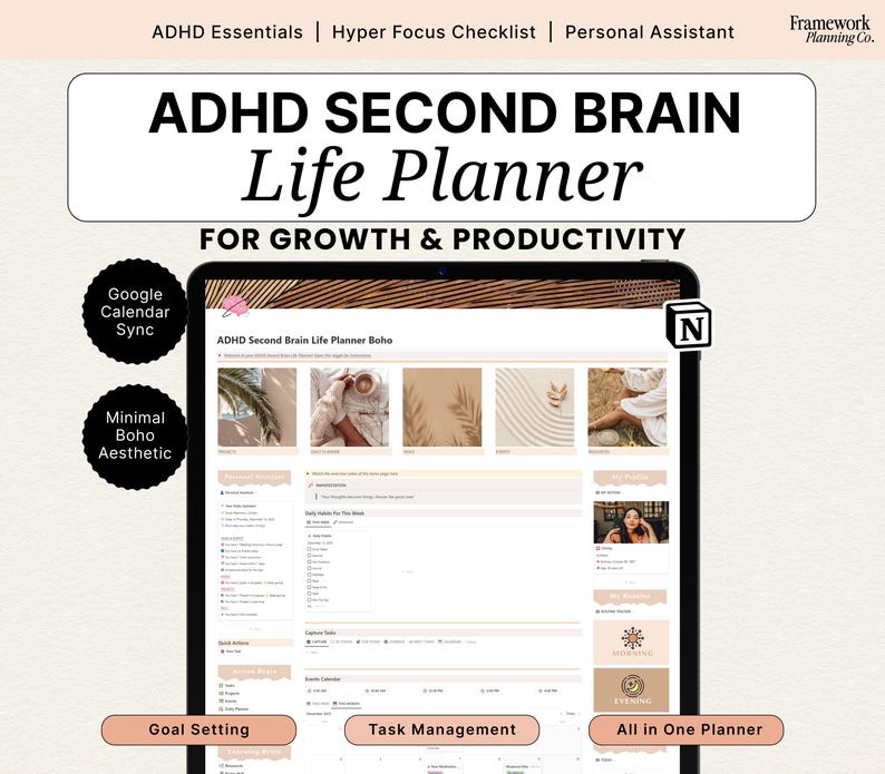 Notion ADHD Planner | Second Brain Life Dashboard | Executive Function & Task Management System image 1