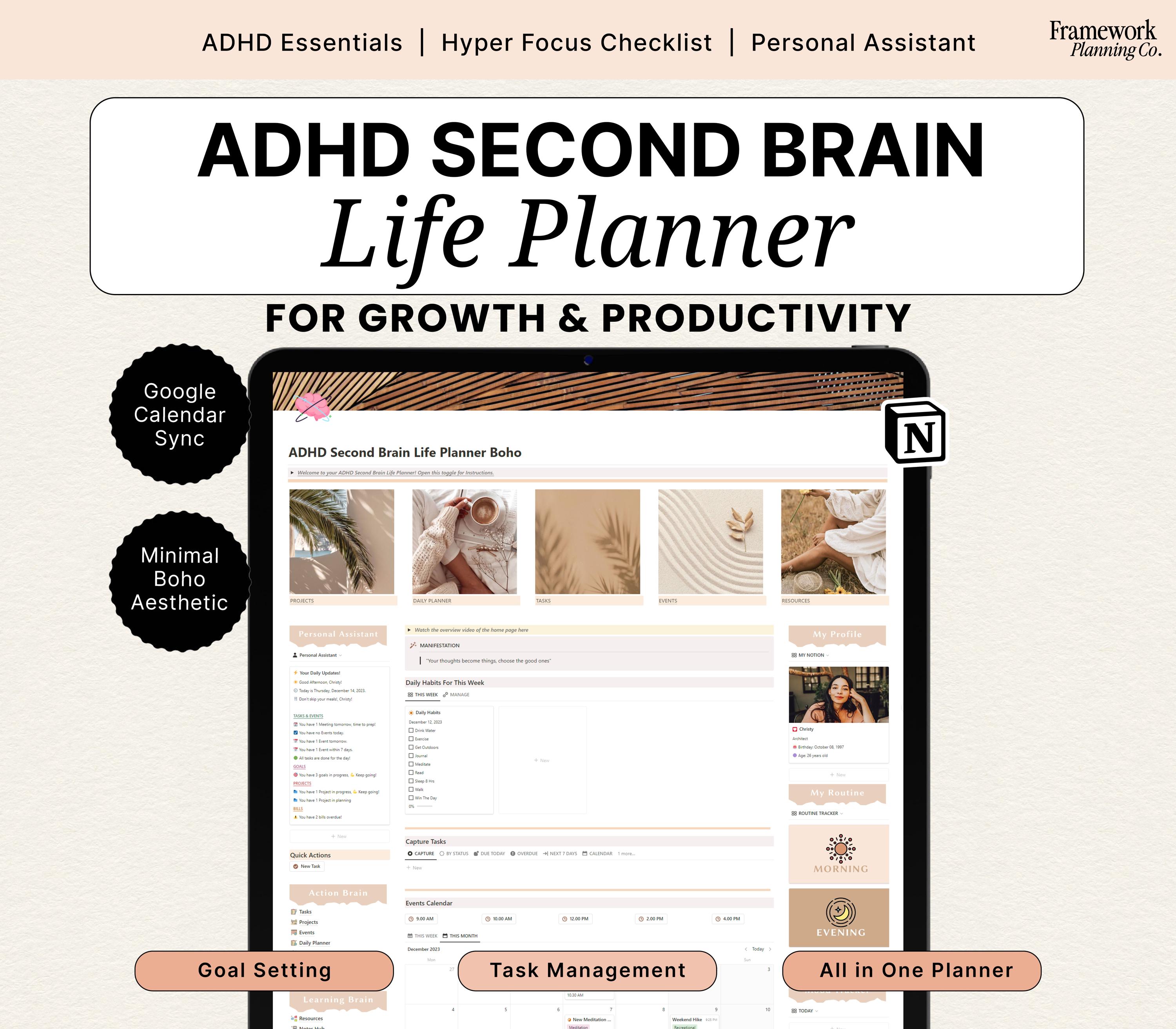 Notion ADHD Planner | Second Brain Life Dashboard | Executive Function ...