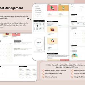 May include: A digital project management template with a calendar, task lists, and project goals. The interface includes a timer, and the text reads "Project Management." Features include timelines, meetings, and integrated references.