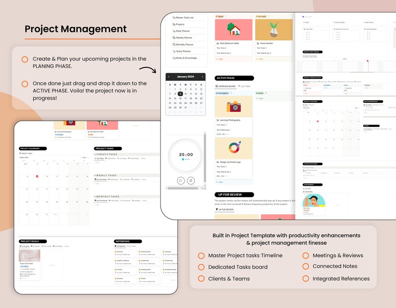 May include: A digital project management template with a calendar, task lists, and project goals. The interface includes a timer, and the text reads "Project Management." Features include timelines, meetings, and integrated references.
