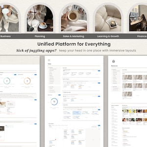 May include: A digital platform interface with sections labeled Business, Planning, Sales & Marketing, Learning & Growth, and Finance. The text reads "Unified Platform for Everything" and "Sick of juggling apps? keep your head in one place with immersive layouts."