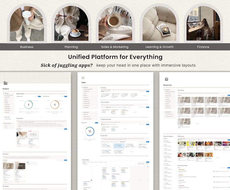 May include: A digital platform interface with sections labeled Business, Planning, Sales & Marketing, Learning & Growth, and Finance. The text reads "Unified Platform for Everything" and "Sick of juggling apps? keep your head in one place with immersive layouts."