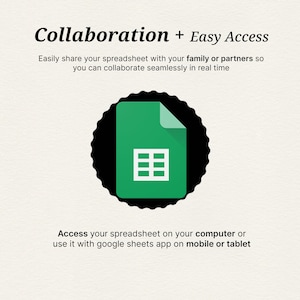 May include: An image with the text "Collaboration + Easy Access" and a green document icon with a white grid inside a black scalloped circle. The text below says "Access your spreadsheet on your computer or use it with google sheets app on mobile or tablet."
