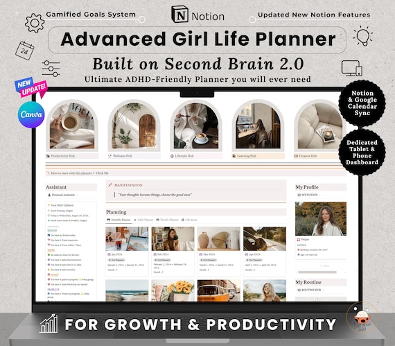 Notion Advanced Life Planner All in One Notion Template ADHD Adult Planner Notion That Girl Aesthetic Second Brain 2.0 Digital planner 2026
