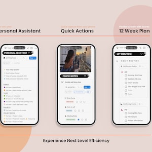 May include: Three smartphones showcasing a productivity app interface. The screens display features such as a personal assistant, quick notes, and a 12-week plan, with text reading "Personal Assistant", "Quick Actions", and "12 Week Plan". The background is a light peach colour.