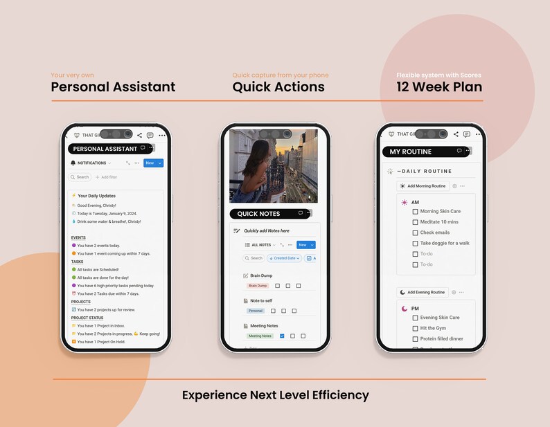 May include: Three smartphones showcasing a productivity app interface. The screens display features such as a personal assistant, quick notes, and a 12-week plan, with text reading "Personal Assistant", "Quick Actions", and "12 Week Plan". The background is a light peach colour.