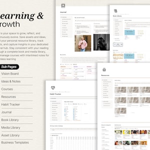 May include: A digital planner interface with the words "Learning & growth" at the top. The interface includes sections for a vision board, ideas, courses, resources, and a habit tracker. The interface also includes a book library and media library.