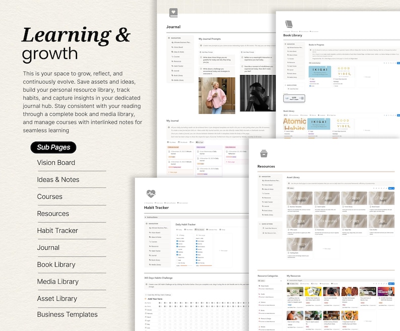 May include: A digital planner interface with the words "Learning & growth" at the top. The interface includes sections for a vision board, ideas, courses, resources, and a habit tracker. The interface also includes a book library and media library.