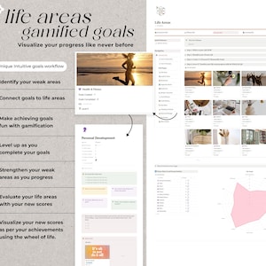 May include: A screenshot of a website displaying a gamified goal-setting system. The website features a pink wheel with a map of different life areas, such as health and fitness, personal development, and relationships. The website also includes a progress bar for each life area, as well as a list of goals that can be set for each area.