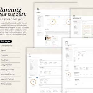 May include: A digital planning hub interface with multiple pages, including a monthly planner, event planner, and task management sections. The interface is displayed on a light background with the text "Planning your success" and "Use it year after year".