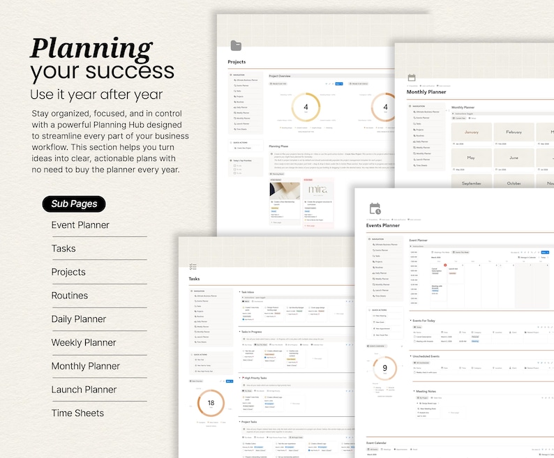 May include: A digital planning hub interface with multiple pages, including a monthly planner, event planner, and task management sections. The interface is displayed on a light background with the text "Planning your success" and "Use it year after year".