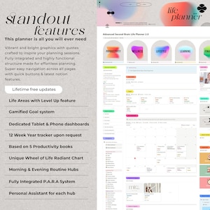 Może przedstawiać: Cyfrowy planer w r&oacute;żowo-niebiesko-zielonej kolorystyce. Planer nosi tytuł "Advanced Second Brain Life Planner 2.0" i zawiera sekcje poświęcone produktywności, zdrowiu, stylowi życia, nauce i finansom. Planer zawiera r&oacute;wnież kalendarz, diagram koła życia oraz centrum rutyny porannej i wieczornej.