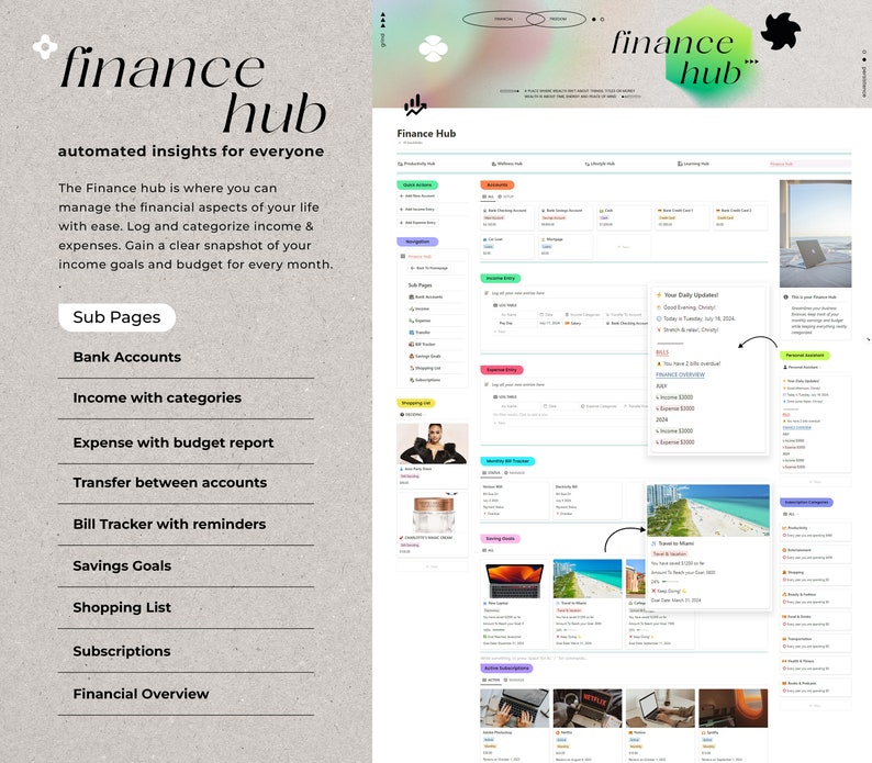 Może przedstawiać: Zrzut ekranu strony internetowej o nazwie "Finance Hub", kt&oacute;ra pomaga użytkownikom w zarządzaniu finansami. Strona ma jasnoszary tło z zielono-czarnym logo. Strona zawiera listę funkcji, w tym "Konta bankowe", "Dochody z kategoriami", "Wydatki z raportem budżetowym", "Przelewy między kontami", "Śledzenie rachunk&oacute;w z przypomnieniami", "Cele oszczędnościowe", "Lista zakup&oacute;w", "Subskrypcje" i "Przegląd finansowy".