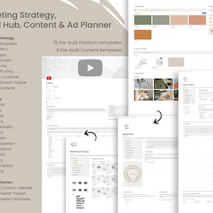 May include: A digital marketing planner with sections for marketing strategy, brand hub, and content planning. The image shows various templates, including platform templates, content pillars, and a color palette. Text includes "Marketing Strategy, Brand Hub, Content & Ad Planner."
