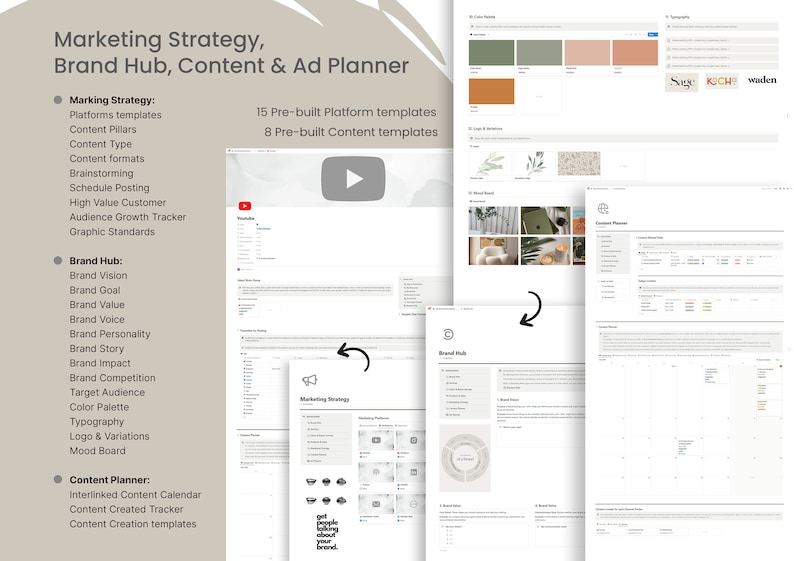 May include: A digital marketing planner with sections for marketing strategy, brand hub, and content planning. The image shows various templates, including platform templates, content pillars, and a color palette. Text includes "Marketing Strategy, Brand Hub, Content & Ad Planner."