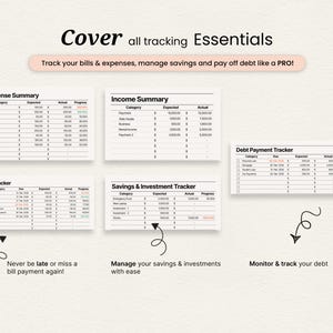May include: A digital financial planner with expense, income, bill, savings, and debt trackers. The image includes the text "Cover all tracking Essentials" and "Track your bills & expenses, manage savings and pay off debt like a PRO!"