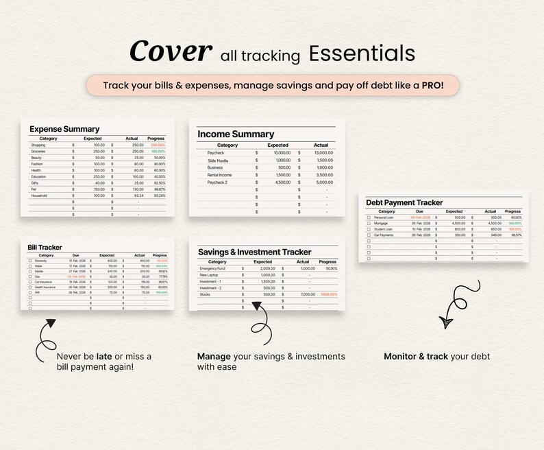 May include: A digital financial planner with expense, income, bill, savings, and debt trackers. The image includes the text "Cover all tracking Essentials" and "Track your bills & expenses, manage savings and pay off debt like a PRO!"