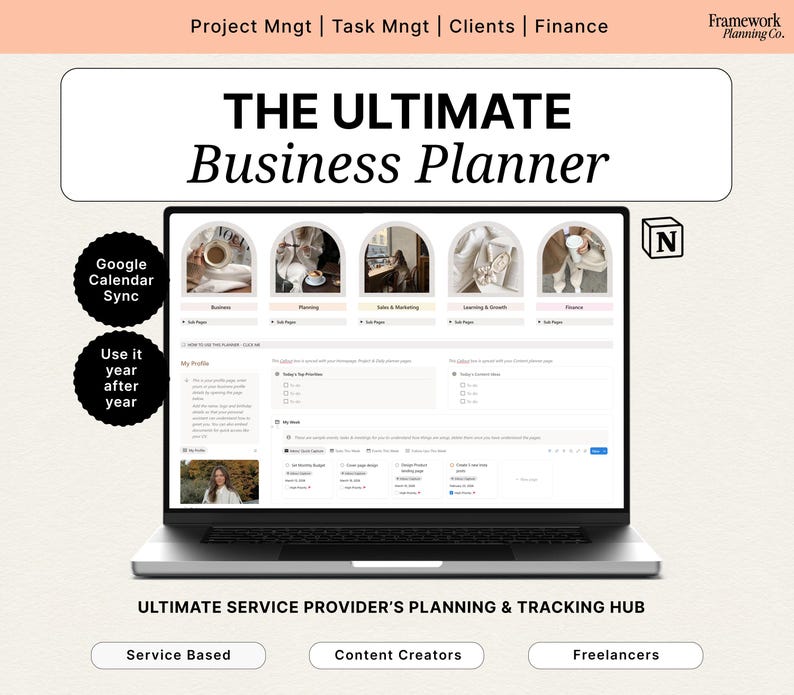 May include: A laptop displaying "THE ULTIMATE Business Planner" with sections for business, planning, sales, and finance. The screen shows a planning and tracking hub for service providers, content creators, and freelancers. Features include Google Calendar sync and year-after-year use.