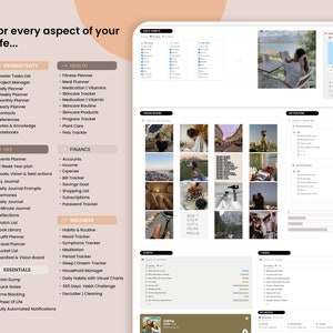 May include: Digital planner with sections for productivity, health, life, finance, wellness, and essentials. Includes lists for tasks, meal planning, skincare, events, and more. The planner has a clean, modern design with a neutral colour palette.