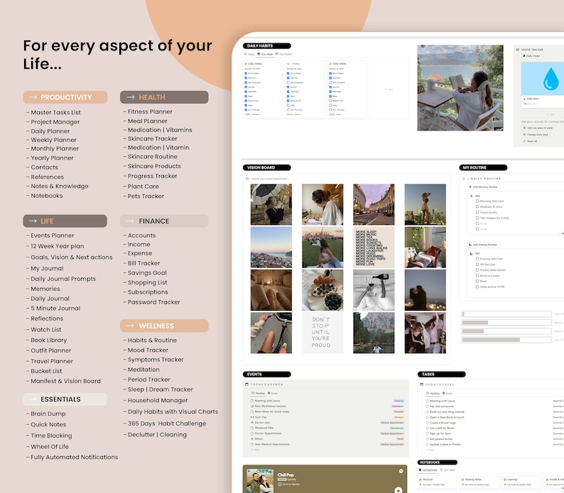 May include: Digital planner with sections for productivity, health, life, finance, wellness, and essentials. Includes lists for tasks, meal planning, skincare, events, and more. The planner has a clean, modern design with a neutral colour palette.