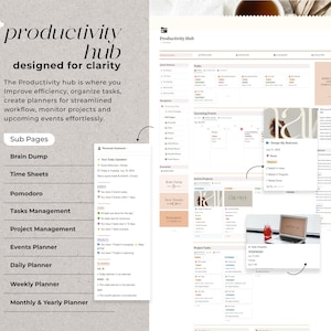 May include: A screenshot of a website called "Productivity Hub" with a light grey background. The website features a variety of tools and resources for improving productivity, including a brain dump, time sheets, a pomodoro timer, task management, project management, event planning, daily planning, weekly planning, and monthly and yearly planning. The website also includes a section for upcoming events and active projects.