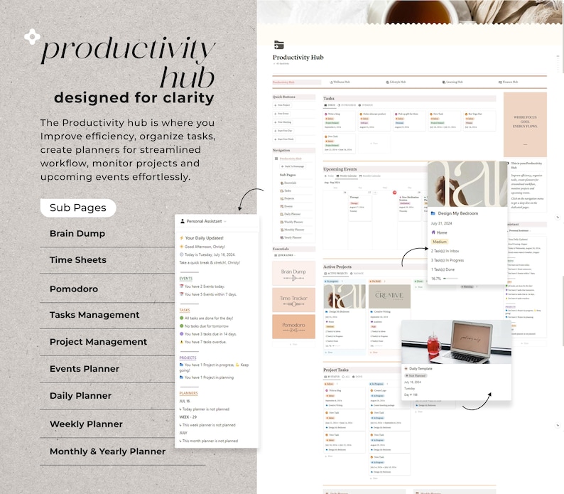 May include: A screenshot of a website called "Productivity Hub" with a light grey background. The website features a variety of tools and resources for improving productivity, including a brain dump, time sheets, a pomodoro timer, task management, project management, event planning, daily planning, weekly planning, and monthly and yearly planning. The website also includes a section for upcoming events and active projects.