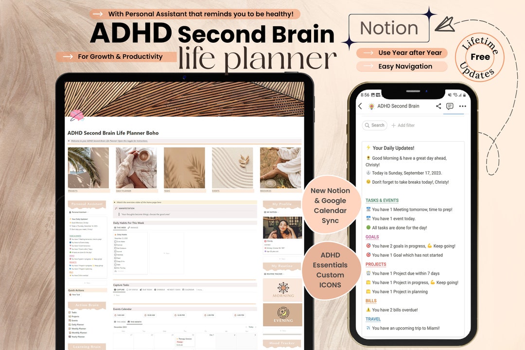 ADHD Notion Template Second Brain Notion ADHD Planner All in One Life