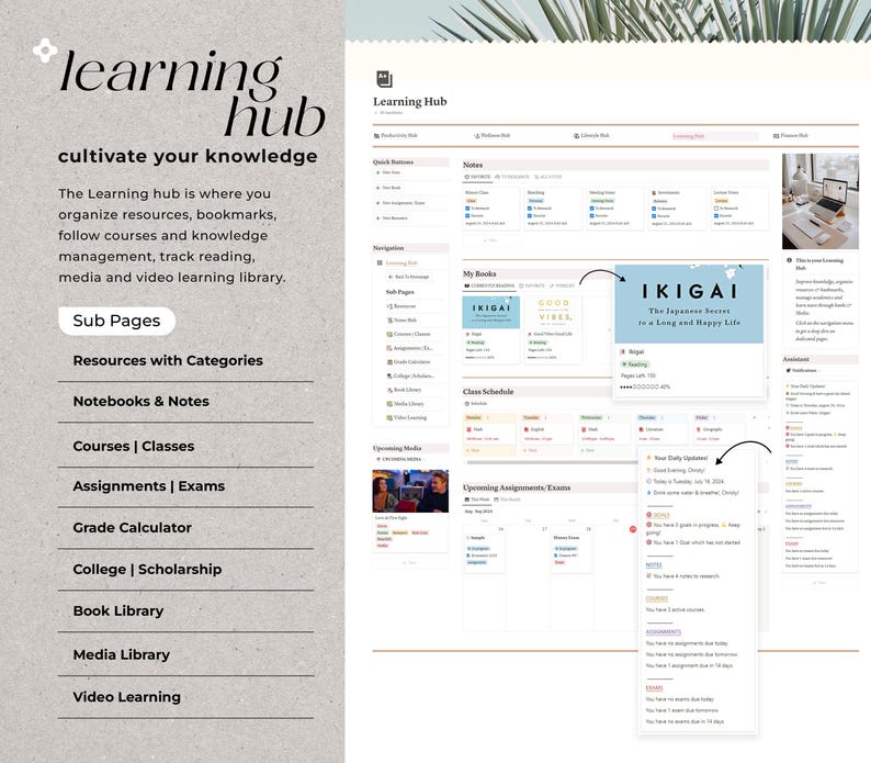 May include: A screenshot of a website called "Learning Hub" with a light grey background and a light blue header. The website is organised into sections with categories such as "Notebooks & Notes", "Courses | Classes", "Assignments | Exams", "Grade Calculator", "College | Scholarship", "Book Library", "Media Library", and "Video Learning". The website also includes a section for "My Books" with a book cover for "Ikigai: The Japanese Secret to a Long and Happy Life".