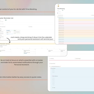 K&ouml;nnte beinhalten: Ein Screenshot eines Computerbildschirms, der eine Zeitmanagement-App mit einer Master-Erinnerungsliste, einem Kalender und einer Zeitblockierungsfunktion zeigt. Die App hat einen hellblauen Hintergrund mit wei&szlig;em Text und Symbolen. Der Text "Just create, drag and drop it down into the calendar and your personal assistant will remind you!" wird auf dem Bildschirm angezeigt.
