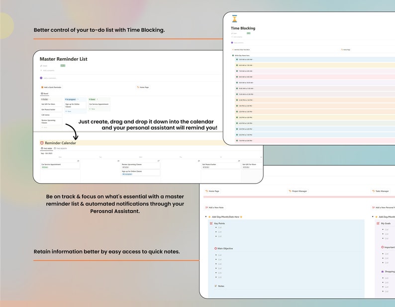 K&ouml;nnte beinhalten: Ein Screenshot eines Computerbildschirms, der eine Zeitmanagement-App mit einer Master-Erinnerungsliste, einem Kalender und einer Zeitblockierungsfunktion zeigt. Die App hat einen hellblauen Hintergrund mit wei&szlig;em Text und Symbolen. Der Text "Just create, drag and drop it down into the calendar and your personal assistant will remind you!" wird auf dem Bildschirm angezeigt.