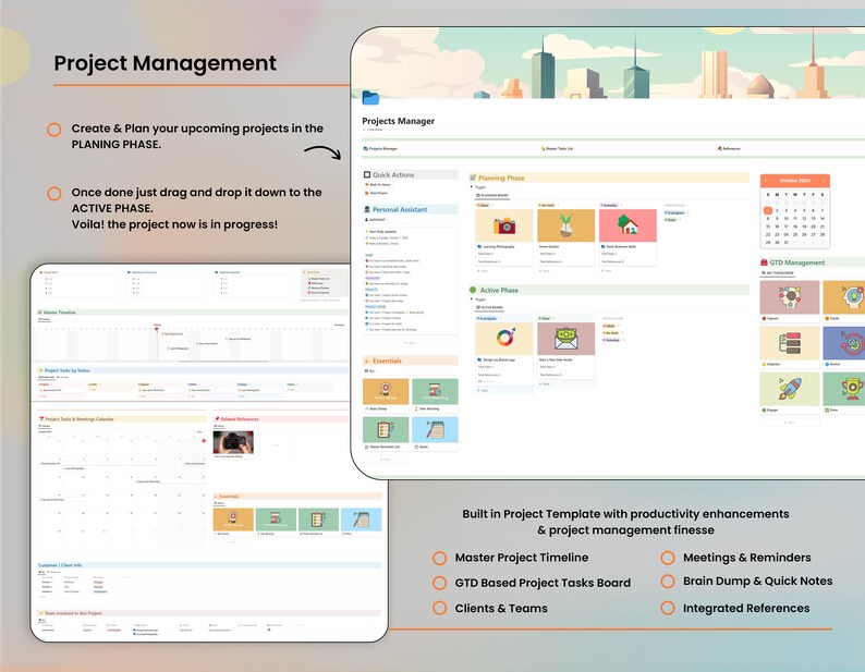 K&ouml;nnte beinhalten: Ein Screenshot einer Projektmanagement-Software-Oberfl&auml;che mit einem Kalender, Aufgabenlisten und einer Zeitleiste. Die Software soll Benutzern helfen, ihre Projekte zu planen, zu organisieren und zu verfolgen. Die Oberfl&auml;che ist sauber und modern, mit einem hellblauen Hintergrund und bunten Symbolen.