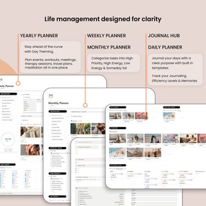 May include: A digital planner interface with a clean, minimalist design. The image showcases various planning templates, including yearly, weekly, monthly, and daily planners, with sections for events, tasks, and journaling. The text reads "Life management designed for clarity."