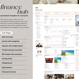 May include: A screenshot of a website interface for a personal finance management app called "Finance Hub". The website features a list of sub-pages including "Bank Accounts", "Income with categories", "Expense with budget report", "Transfer between accounts", "Bill Tracker with reminders", "Savings Goals", "Shopping List", "Subscriptions", and "Financial Overview".