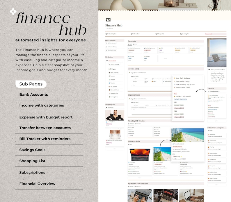 May include: A screenshot of a website interface for a personal finance management app called "Finance Hub". The website features a list of sub-pages including "Bank Accounts", "Income with categories", "Expense with budget report", "Transfer between accounts", "Bill Tracker with reminders", "Savings Goals", "Shopping List", "Subscriptions", and "Financial Overview".
