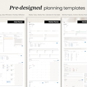 May include: A digital display of pre-designed planning templates. The image shows a Daily Planner, Weekly Planner, and Monthly Planner. The text includes "Time Blocking, Daily Affirmation, Priorities, Reflection" and "Weekly Tasks, Weekly Plan, Calendars for that week".