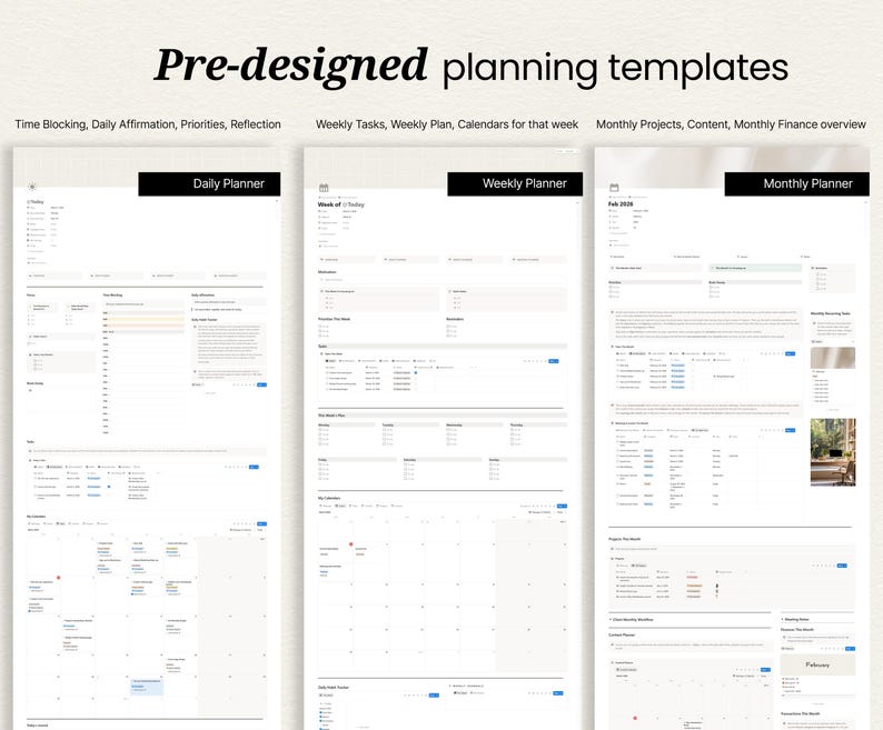 May include: A digital display of pre-designed planning templates. The image shows a Daily Planner, Weekly Planner, and Monthly Planner. The text includes "Time Blocking, Daily Affirmation, Priorities, Reflection" and "Weekly Tasks, Weekly Plan, Calendars for that week".