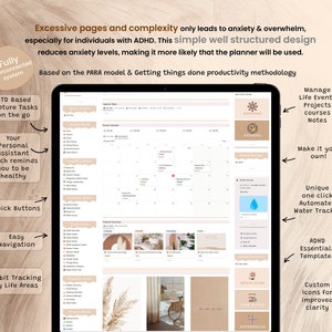 May include: A digital planner app interface with a calendar, habit tracker, and water tracker. The app is designed to help people with ADHD manage their time and stay organized. The app features a simple and easy-to-use interface with a light brown and white color scheme.
