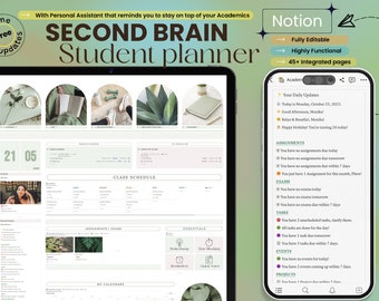 Second Brain Student Planner Notion Academic Planner Notion Template College Planner Notion Productivity Planner Notion Courses Assignments