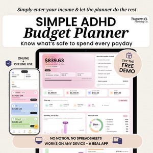 May include: A digital budget planner displayed on a tablet and smartphone screen. The interface features pink and white color schemes with text including SIMPLE ADHD Budget Planner, Framework Planning Co., and TRY THE FREE DEMO.
