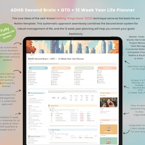 May include: A digital planner template for managing life and goals using the Getting Things Done (GTD) method. The template includes sections for management, life and goals, health and wellness, and finance. It also features a personal assistant, quick capture tasks, and a 12-week year roadmap.