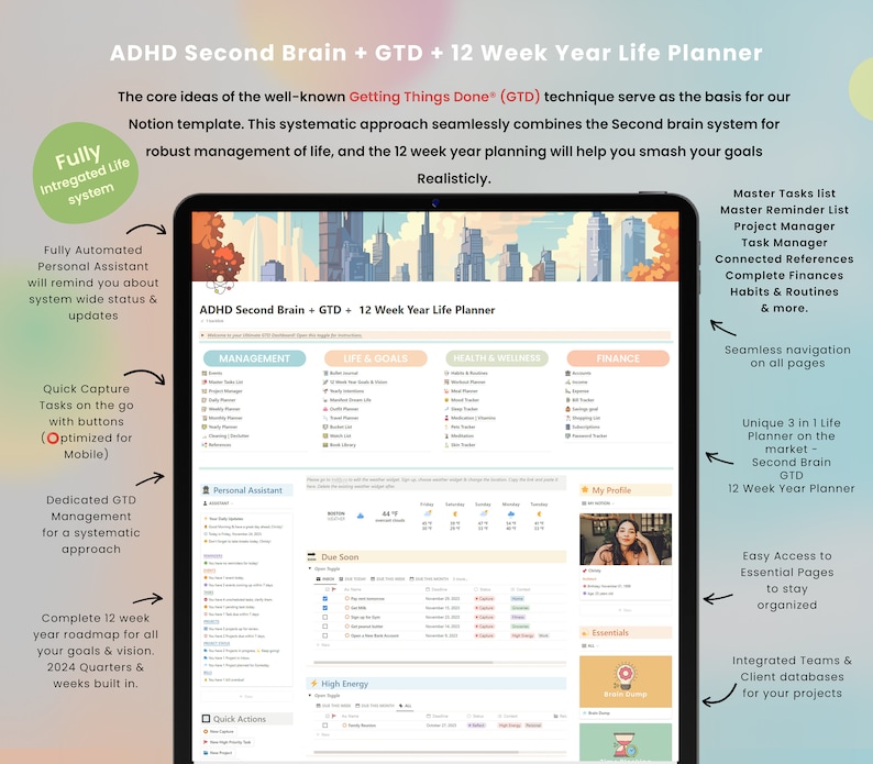 May include: A digital planner template for managing life and goals using the Getting Things Done (GTD) method. The template includes sections for management, life and goals, health and wellness, and finance. It also features a personal assistant, quick capture tasks, and a 12-week year roadmap.