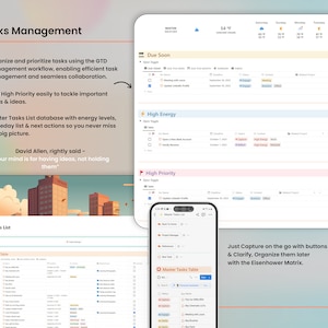 May include: A screenshot of a website showing a task management system with a list of tasks categorized by priority and energy levels. The website also includes a calendar view and a master tasks list. The text "Just Capture on the go with buttons & Clarify, Organize them later with the Eisenhower Matrix." is displayed at the bottom of the screen.