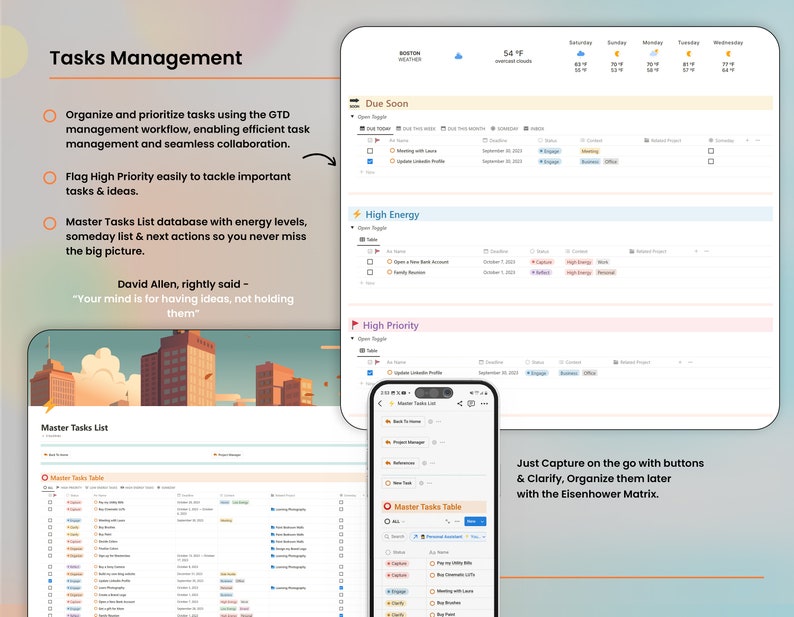 May include: A screenshot of a website showing a task management system with a list of tasks categorized by priority and energy levels. The website also includes a calendar view and a master tasks list. The text "Just Capture on the go with buttons & Clarify, Organize them later with the Eisenhower Matrix." is displayed at the bottom of the screen.