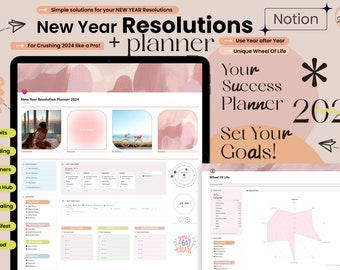 2024 Notion Template New Year Resolution Planner Notion Life Planner Aesthetic Notion Journaling Template Weekly planner Notion goals dash