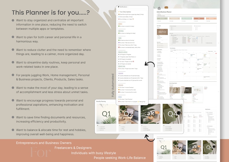 May include: Digital planner interface with a neutral color scheme. The planner includes sections for daily updates, meetings, project status, and goals. The text reads "This Planner is for you...?" and lists benefits like organization and work-life balance.