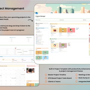 May include: A digital project management template with a cityscape background. The template includes sections for planning, active phases, tasks by status, tasks and meetings calendar, essentials, related references, GTD management, and a master timeline. The template is built with productivity enhancements and project management finesse.