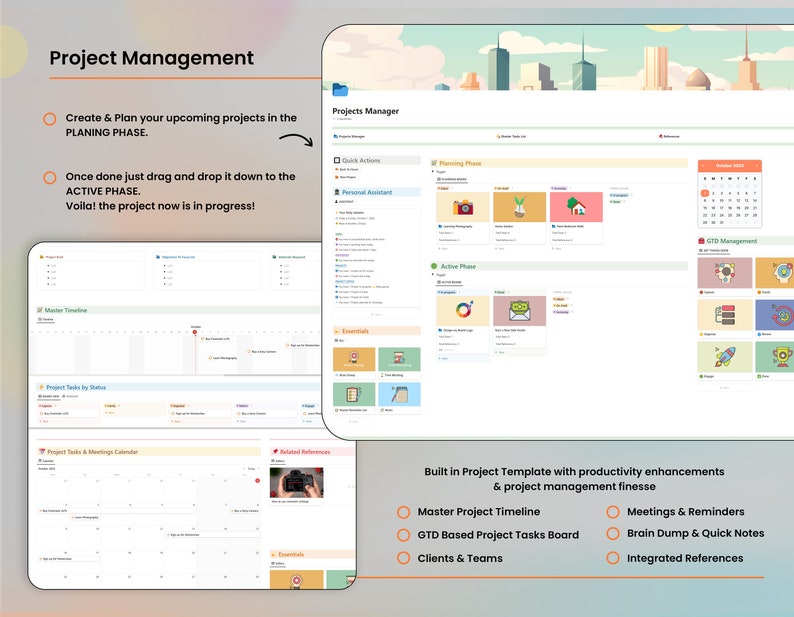 May include: A digital project management template with a cityscape background. The template includes sections for planning, active phases, tasks by status, tasks and meetings calendar, essentials, related references, GTD management, and a master timeline. The template is built with productivity enhancements and project management finesse.